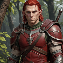 A confident and fair-skinned male half-elf fighter, clad in mismatched armor, leads his mercenary band with poise. His thick, bold cherry-red hair cascades past his shoulders, contrasting sharply with a red kabuki Oni mask. Dressed in a jet-black samurai kimono adorned with a silver tiger, he wields a black katana with a green hilt, embodying both elegance and deadly skill.