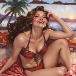 A vibrant medieval bard, radiating joy and confidence, strums her magical lute. Dressed in a striking red two-piece, her curly brown locks frame a cheerful smile. Amid abstract, colorful stripes, she captivates with expressive gestures, blending beauty and charm in a whimsical display of artistry.