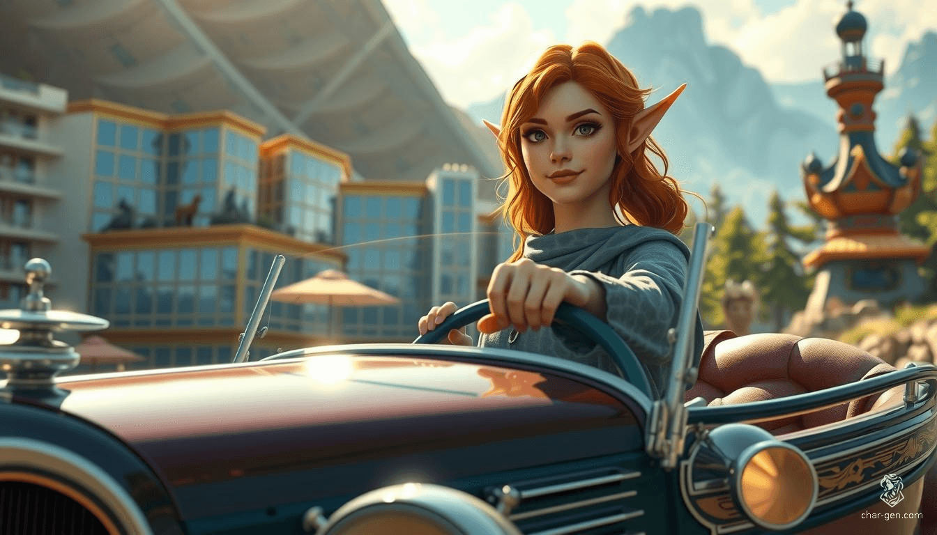 A vibrant, lush forest stretches beneath an ephemeral sky, where a sleek, vintage 32 Ford Coup weaves through emerald canopies, driven by an enigmatic elf with silvery hair flowing like mist. The landscape is a dazzling tapestry of nature and vintage charm, every leaf and shadow hyperrealistically detailed.