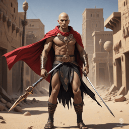 A bald Egyptian warrior clad in a shimmering mithril chain shirt and a flowing black and red cape, he commands respect in his desert town. Armed with a formidable spear, his presence evokes both mystery and strength, reminiscent of a darkly animated 70s fantasy realm.