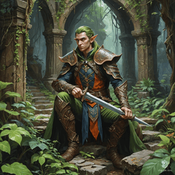 HenryKartoffelsalat's Warlock is a high elf sage with +2 charm, surrounded by an aura of magic and arcane sigils. Clad in intricately detailed leather armor, they grip a dagger firmly, exuding both elegance and menace. Their medium build and striking presence make them unforgettable.