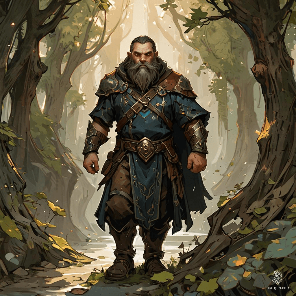 Brom Ironfoot, a formidable male dwarf hunter, stands confidently in the forest, clad in chainmail and a brown cloak. His greying hair and thick black beard frame his tan, weathered face. Armed with a bow and spear, he expertly tracks his prey through the rugged mountains.