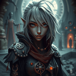A powerful dark elf sorceress with striking white hair and arcane sigils adorning her enchanted garments. Her black skin, textured and distinct, contrasts sharply with her mystical aura of magic.
