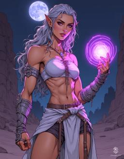 Kall'Ithandra, the renegade Elven Mage, stands vigilant in the ruins of Es-Shna. With greying white hair and striking violet eyes, her delicate features radiate wisdom and power. Clad in a low-cut white jerkin, she conjures a vortex of violet magic, embodying both elegance and strength in the moonlit desert.
