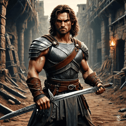 Errkin is a confident human fighter, wielding a prominently featured longsword. Strong and hardy (+2), he stands in intricately detailed chain mail. Medium build, his human features exude strength and resilience as he grips his weapon with expertise.
