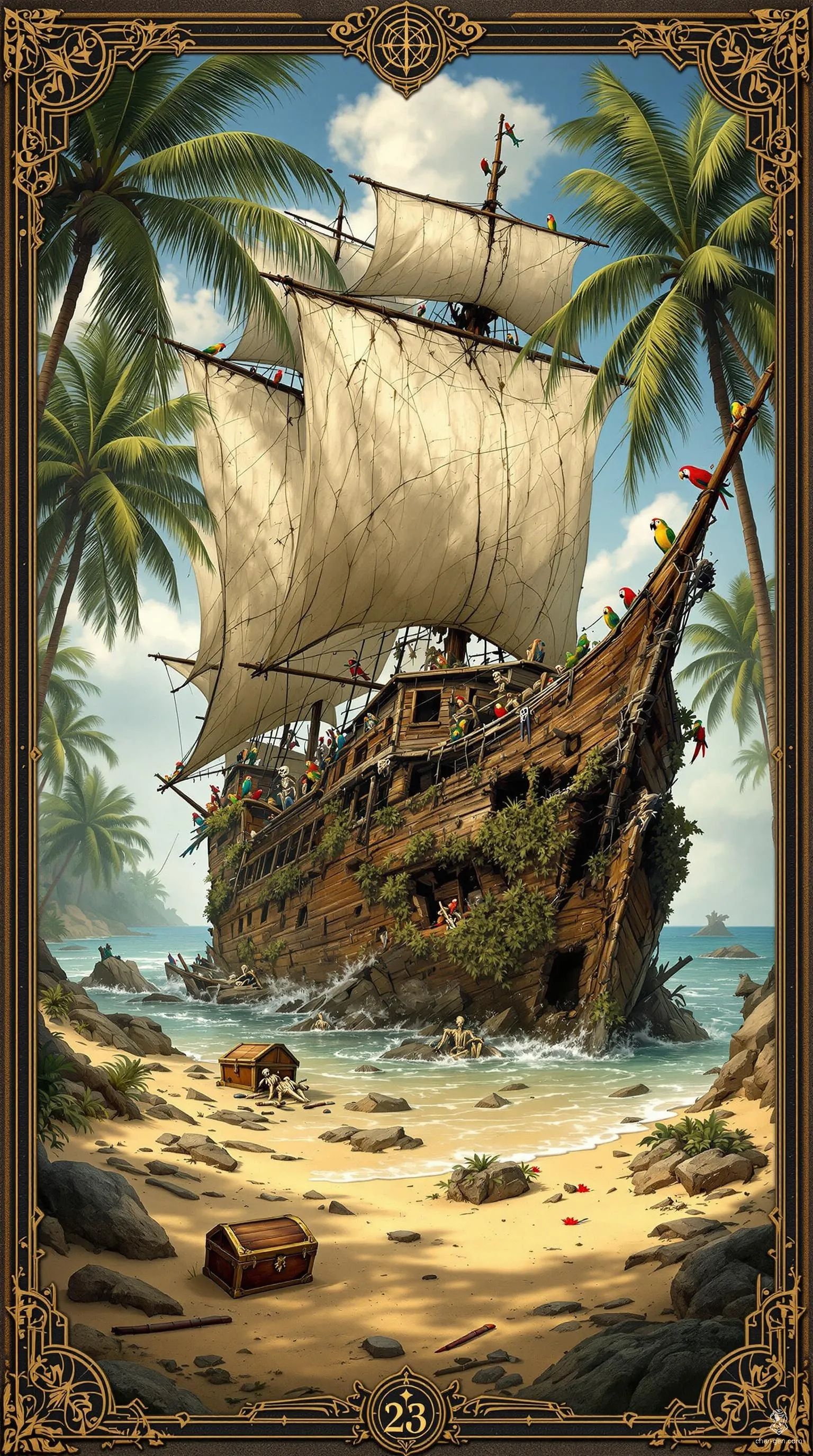 An ancient pirate ship, sunken in history, rests on a tropical beach