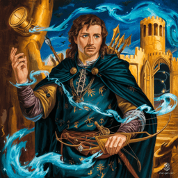 Ren Pendrix, a young half-elf wizard, wields the power of time, with glowing blue eyes and long brown hair framing his angular features. Surrounded by rifts of temporal energy, he embodies a lawful neutral scholar, driven by a quest for knowledge in a world laced with magic and secrets.