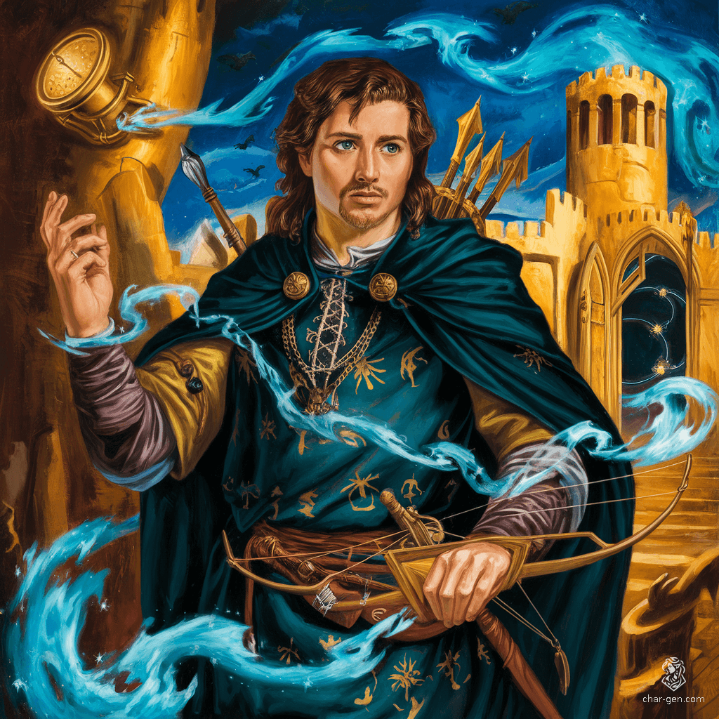 Ren Pendrix, a young half-elf wizard, wields the power of time, with glowing blue eyes and long brown hair framing his angular features. Surrounded by rifts of temporal energy, he embodies a lawful neutral scholar, driven by a quest for knowledge in a world laced with magic and secrets.