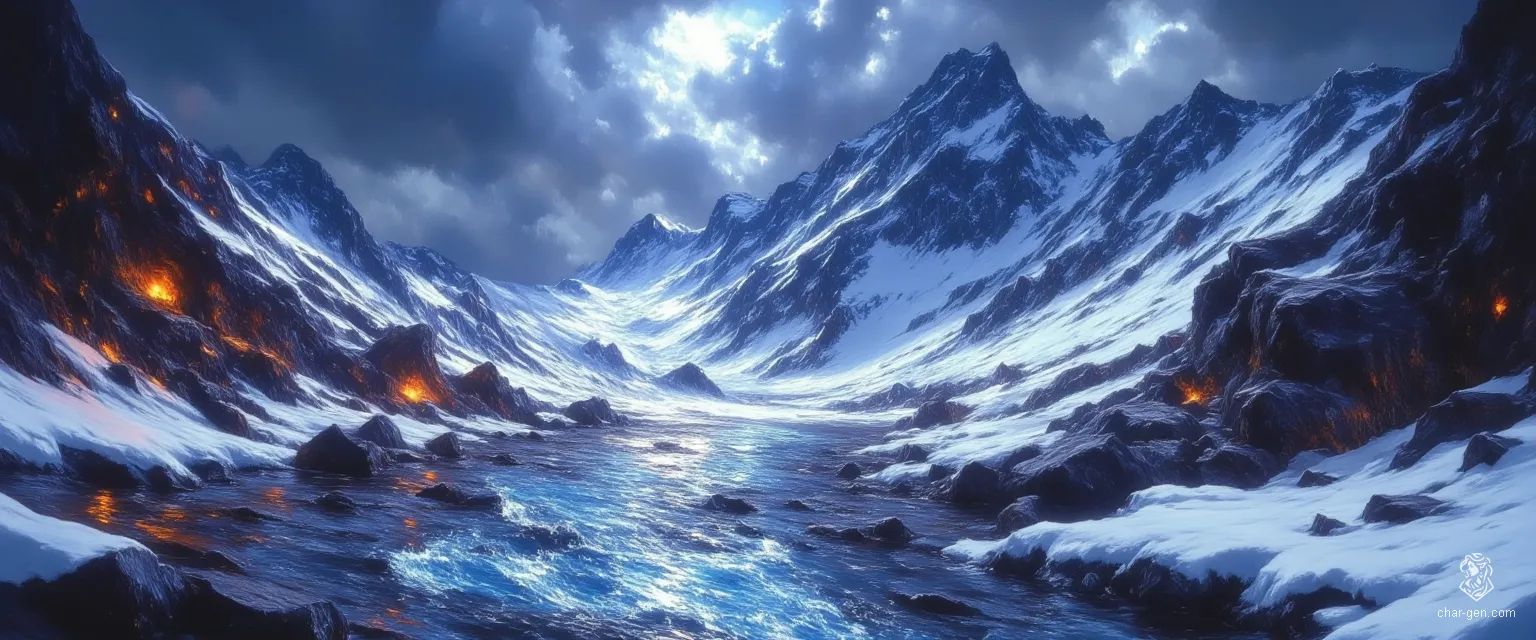 In a mystical winter realm, towering snow-capped mountains loom beneath a tempestuous sky, swirling with deep blues and purples. A partially frozen river winds through the foreground, mirroring the stormy palette, while vibrant hints of orange and red peek through the pristine blanket of snow, adding warmth to the icy scene.