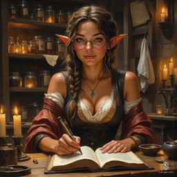 Maryam is a wise and playful elven forensic medicine investigator, with tanned skin and soft wrinkles accentuating her charm. Her tea-colored hair flows in a loose ponytail, framing inquisitive topaz eyes. Clad in practical renaissance-inspired attire, she immerses herself in witchcraft, assisted by her ghostly spider familiar, radiating competence and curiosity in her cozy, mystical alchemical lab.