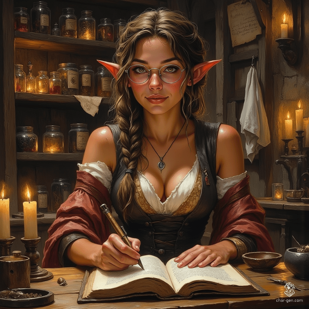 Maryam is a wise and playful elven forensic medicine investigator, with tanned skin and soft wrinkles accentuating her charm. Her tea-colored hair flows in a loose ponytail, framing inquisitive topaz eyes. Clad in practical renaissance-inspired attire, she immerses herself in witchcraft, assisted by her ghostly spider familiar, radiating competence and curiosity in her cozy, mystical alchemical lab.
