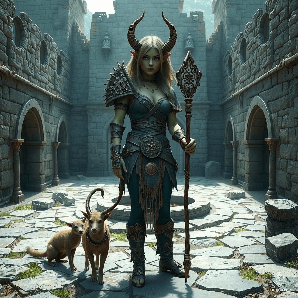 Lilith Valmoira is a 327-year-old half-human, half-devil Tiefling Druid with green skin, long tail, and horns. Raised in resentment by siblings, she found comfort in nature. Extremely intelligent and wise, she wields a twig-adorned staff and wears intricately detailed hides. Lilith, now in Barovia, has animal companions and deeply loves mushrooms.
