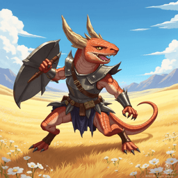 Luna, the half-kobold, half-goloma fighter, stands boldly mid-battle, clad in steel breastplate and tattered leather armor. Muscular with copper scales and eight spider-like eyes, this fluid-gendered bandit wields a steel shield, ready to confront foes while clutching a pouch of stolen coins.