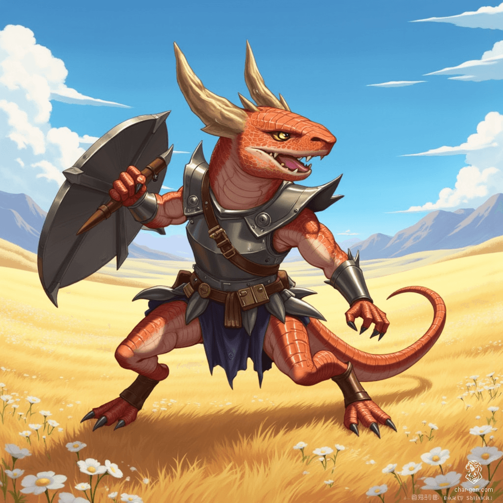 Luna, the half-kobold, half-goloma fighter, stands boldly mid-battle, clad in steel breastplate and tattered leather armor. Muscular with copper scales and eight spider-like eyes, this fluid-gendered bandit wields a steel shield, ready to confront foes while clutching a pouch of stolen coins.
