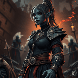 A powerful black-skinned female dwarven sorcerer adorned in enchanted garments inscribed with arcane sigils. She radiates an aura of potent magic, commanding respect and awe from all who encounter her.