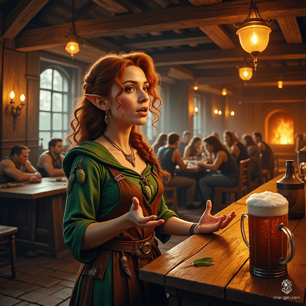 Mira Goldleaf, the enchanting halfling tavern keeper, embodies warmth and charm in her bustling tavern. With her curly auburn hair, hazel eyes glinting with mischief, and a cozy dress adorned with nature's motifs, she welcomes all with a bright smile and captivating tales, creating a haven of comfort and community.