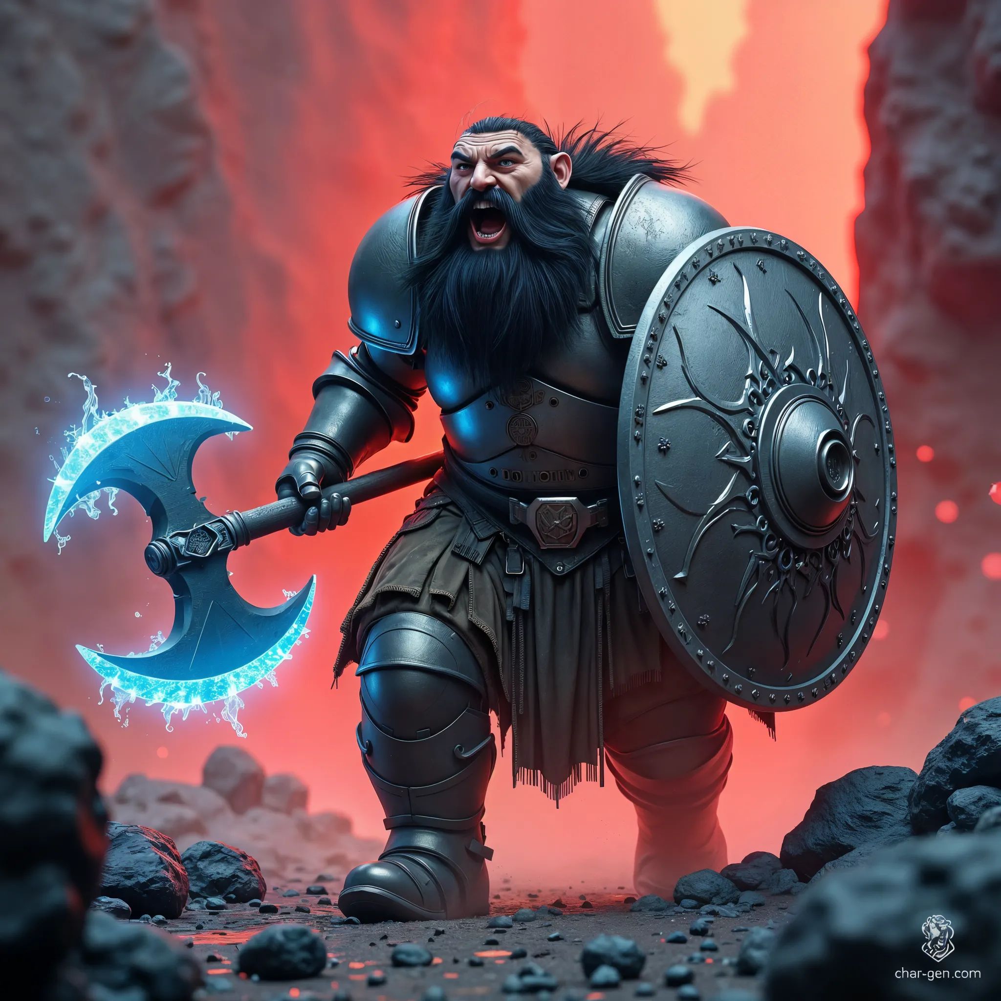 Mirklar, a battle-hardened dwarf warrior, charges through the fiery depths of hell, clad in gleaming silver plate armor. His black beard billows as he yells a fierce battle cry, wielding a glowing frost-imbued axe and a sturdy shield, ready to confront the infernal chaos around him.