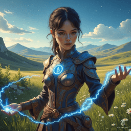 Jouli, a strikingly beautiful middle-aged investigator mage of East Asian descent, stands 5'4" in intricately embossed leather armor. Her fair skin shimmers in the sunlight as she traces a glowing blue rune, her pixie cut accentuating her bright, concerned eyes. A dedicated librarian among ancient texts, she embodies grace and strength.