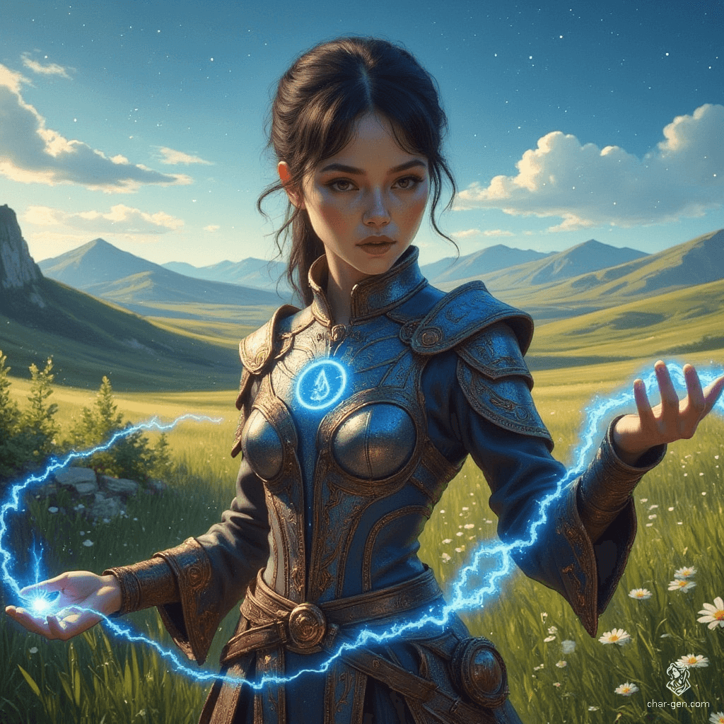 Jouli, a strikingly beautiful middle-aged investigator mage of East Asian descent, stands 5'4" in intricately embossed leather armor. Her fair skin shimmers in the sunlight as she traces a glowing blue rune, her pixie cut accentuating her bright, concerned eyes. A dedicated librarian among ancient texts, she embodies grace and strength.