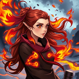 In stunning 4K anime-style quality, this digital artwork by Russiee showcases a fire-themed female character. She possesses long fiery brown hair with ends ablaze, blazing orange eyes, and wears a dark red and black robe adorned with glowing ember patterns. Set against a volcanic landscape with flowing lava rivers, her radiant skin and intense, passionate expression capture a dynamic, life-size pose, detailed in HD with perfect anatomy and depth of field.