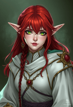 A striking elf woman with vibrant red hair and luminescent green eyes exudes mystic allure in her flowing white sorceress dress, embodying both elegance and arcane power.