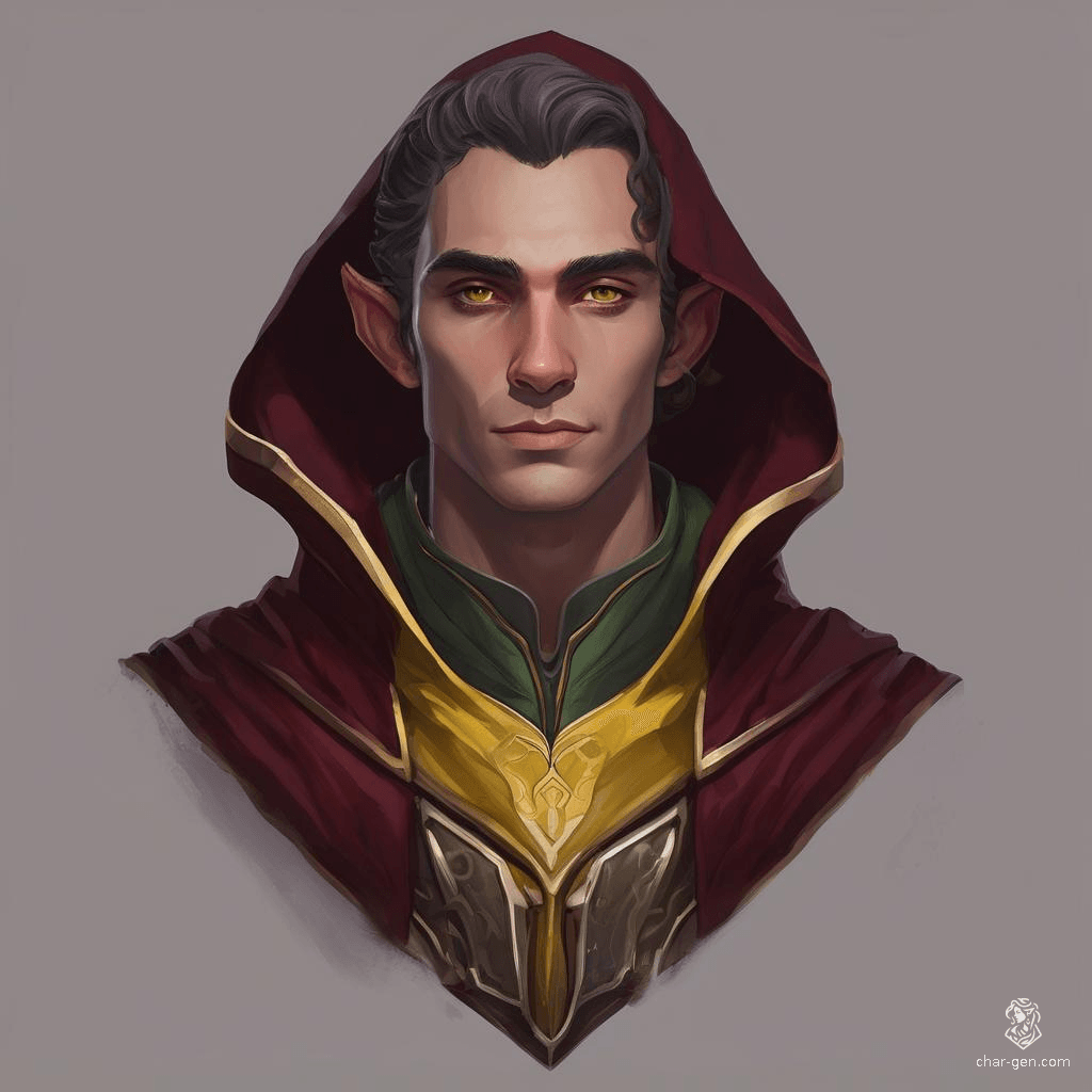 A head and shoulders portrait of an Elven male shrouded in a deep burgundy hooded cloak with subtle yellow detailing. His hood is up, partially concealing the armor beneath, lending an air of mysterious nobility and guarded strength.
