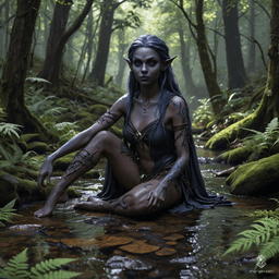 A wild and rugged female dark elf (drow) warrior with contrasting tan and grayish-black skin, long jet-black hair, and striking purple eyes. She possesses a toned physique and embodies the fierce spirit of a barbarian.