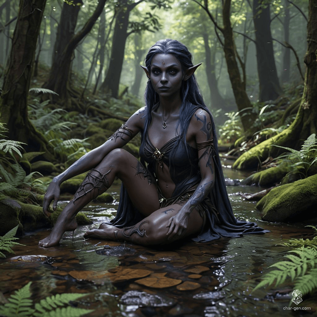 A wild and rugged female dark elf (drow) warrior with contrasting tan and grayish-black skin, long jet-black hair, and striking purple eyes. She possesses a toned physique and embodies the fierce spirit of a barbarian.