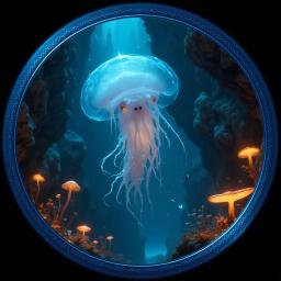 A photorealistic Flumph drifts serenely through the Underdark, its soft, translucent body glowing under volumetric light beams. Gentle eyes and fluttering tentacles emit soothing hums, while advanced skin shaders create a striking null texture that contrasts sharply with the eerie surroundings.