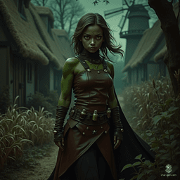 Izzy is a cunning halfling assassin, standing 1.5 meters tall, with short athletic limbs and olive skin. Her yellow-green snake-like eyes gleam beneath a bun of dark hair. Clad in tight brown leather armor and armed with poisons and daggers, she exudes a thrilling mix of malice and joy, patiently hunting her prey from the shadows.