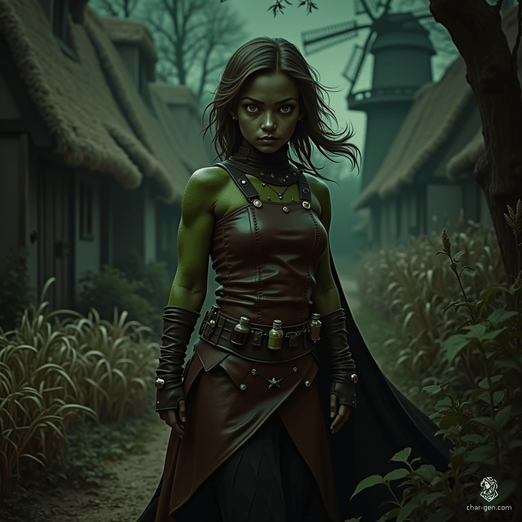 Izzy is a cunning halfling assassin, standing 1.5 meters tall, with short athletic limbs and olive skin. Her yellow-green snake-like eyes gleam beneath a bun of dark hair. Clad in tight brown leather armor and armed with poisons and daggers, she exudes a thrilling mix of malice and joy, patiently hunting her prey from the shadows.