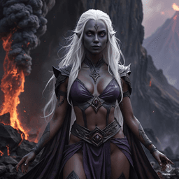 A striking female drow monk with a calm expression, fluid posture, and a toned physique. Her tan skin contrasts sharply with her long, bright white hair. She has mesmerizing purple eyes and exudes an aura of serene strength.
