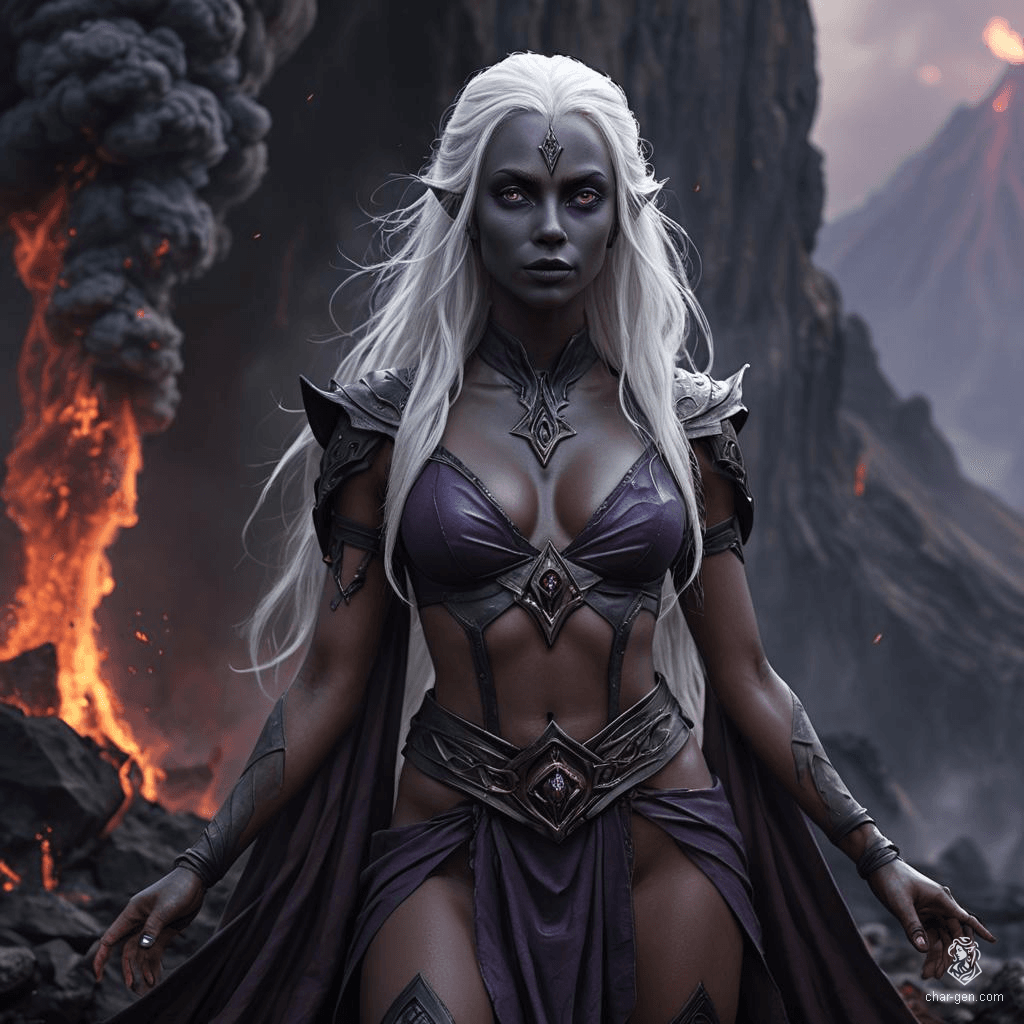 A striking female drow monk with a calm expression, fluid posture, and a toned physique. Her tan skin contrasts sharply with her long, bright white hair. She has mesmerizing purple eyes and exudes an aura of serene strength.