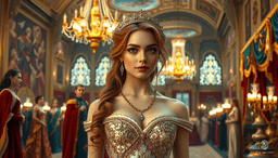 In a majestic crystal ballroom, illuminated by chandeliers, a copper-haired maiden glides gracefully. The room, draped in rich velvets and golds, echoes with the soft murmur of nobles and the delicate strains of an enchanted waltz.