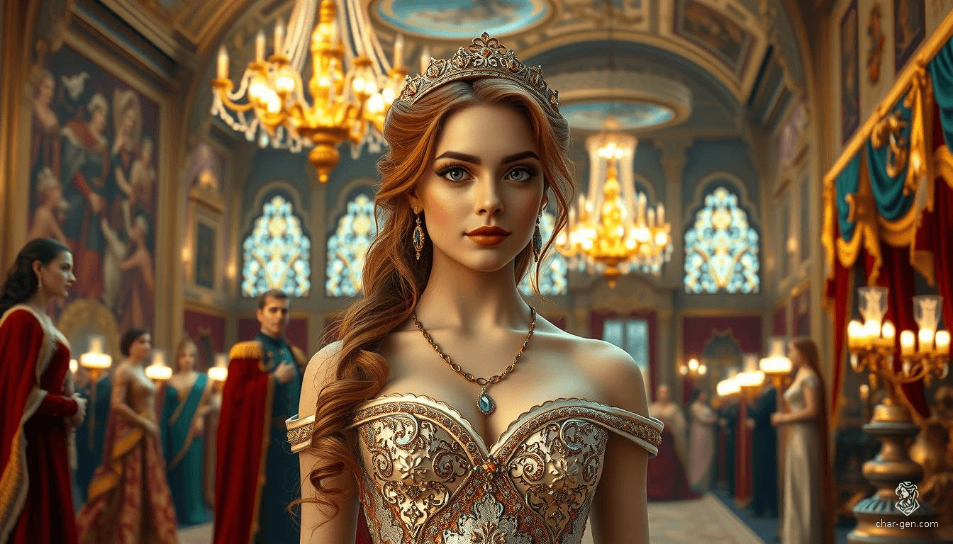 In a majestic crystal ballroom, illuminated by chandeliers, a copper-haired maiden glides gracefully. The room, draped in rich velvets and golds, echoes with the soft murmur of nobles and the delicate strains of an enchanted waltz.