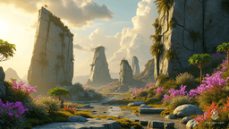 A serene alien world unfolds with colossal stone slabs jutting dramatically from the ground, creating a dynamic labyrinth. Lush, glowing flora adorns these ancient stones, basking in warm, golden sunlight. Fluffy clouds cast shifting shadows, while a gentle breeze carries the scent of alien blossoms, infusing tranquility throughout the landscape.