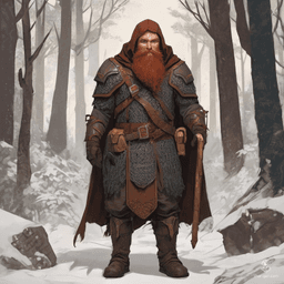 A rugged male dwarf hunter stands in the heart of an ancient forest, his medium red hair and bushy beard blending with the autumn leaves. Clad in durable chainmail armor beneath a worn brown cloak and hood, he exudes a fierce determination, ready to track his prey through the shadows.