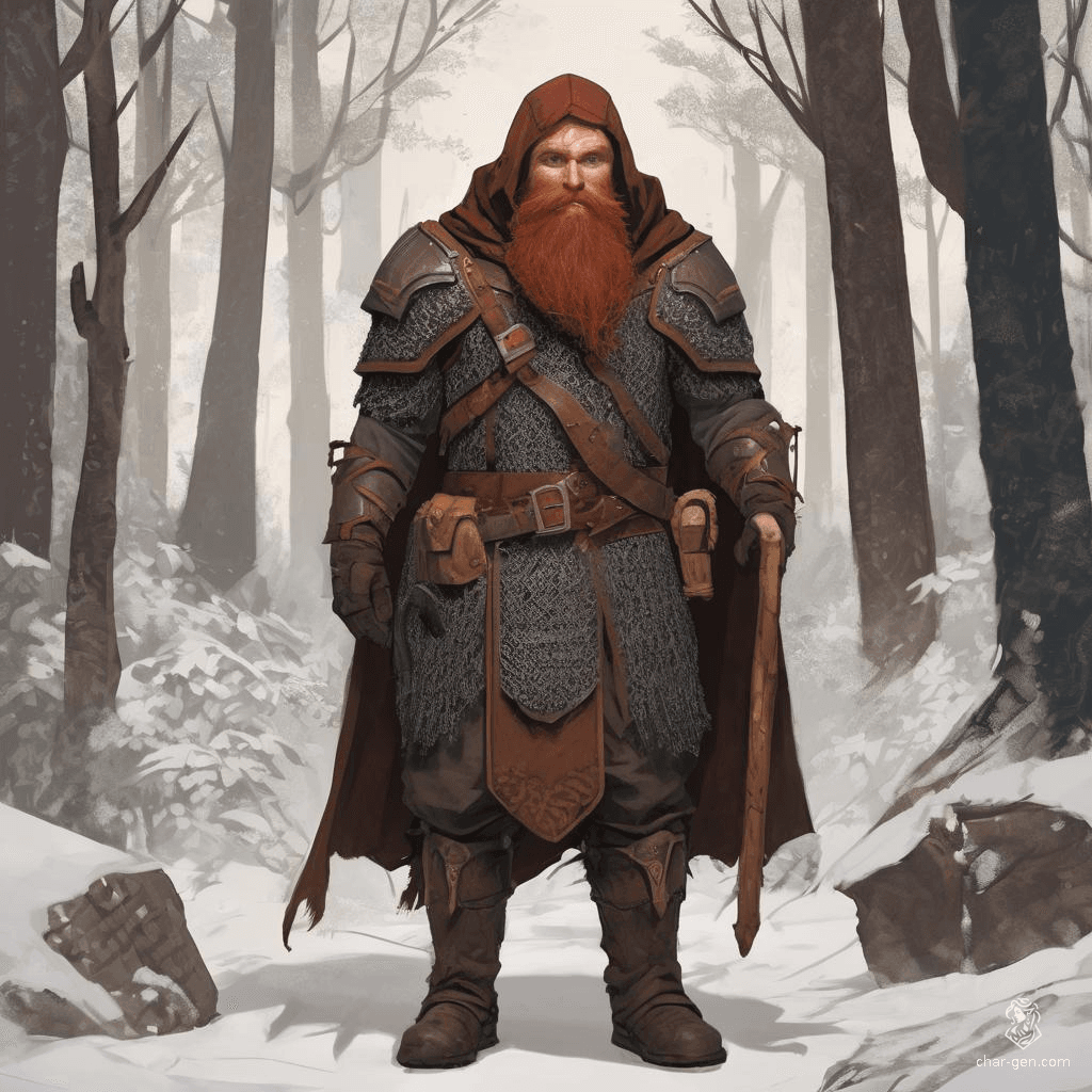 A rugged male dwarf hunter stands in the heart of an ancient forest, his medium red hair and bushy beard blending with the autumn leaves. Clad in durable chainmail armor beneath a worn brown cloak and hood, he exudes a fierce determination, ready to track his prey through the shadows.