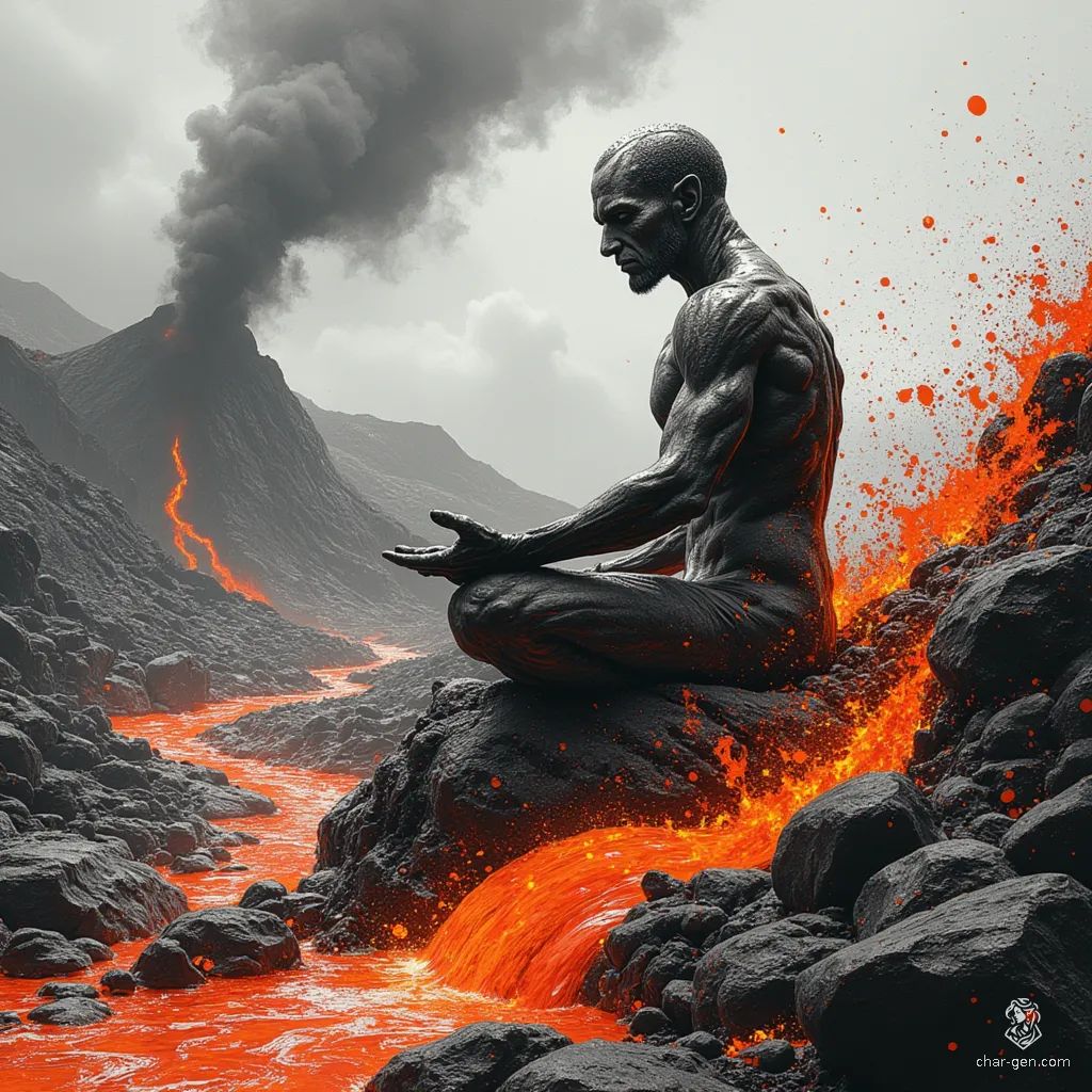 Amidst a fiery landscape, a middle-aged male Earth Genasi druid meditates, his rock-like skin reflecting the chaos around him. One hand grazes the charred earth, while the other channels druidic magic amidst splashing lava and swirling dust, harmonizing with nature’s fury and tranquility.