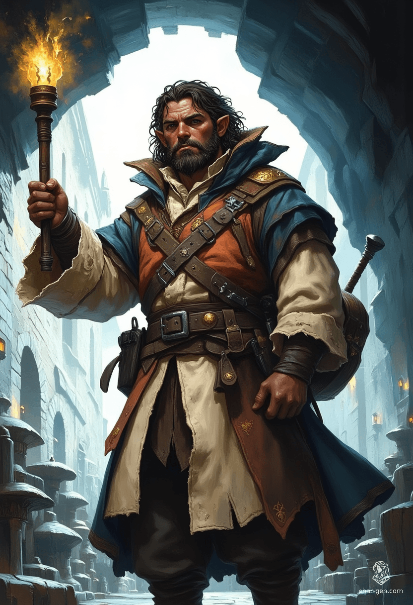 A male warlock with long hair and a medium complexion, cloaked in arcane sigils and an aura of magic, expertly navigates the underbelly of the realm as a smuggler. His unique artifact, Gratis Rollenspieltag, conceals hidden compartments for transporting contraband.