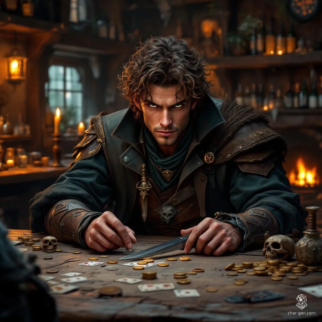 Korin Mayfaire, a nimble 30-year-old sorcerer and rogue, commands attention with his intricately detailed leather armor and arcane sigils. With hazelnut eyes and curly brown hair, he wields a rapier and a dagger, embodying a mix of charm and danger as he protects his community from malevolent forces.