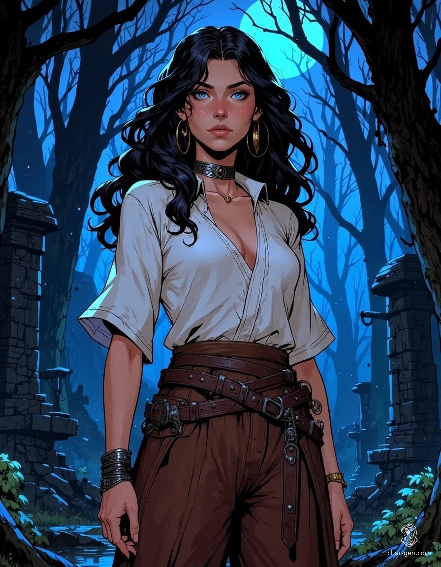 Meave, a striking druid of the Ravenloft wilderness, embodies the balance of strength and grace. Dressed in rugged medieval attire, with dark, wavy hair and cobalt blue eyes, she stands vigilant, harmonizing with her animal companions. Her serene beauty hints at a wisdom forged through nature’s trials.