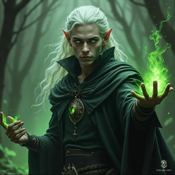 A young male Drow Sorcerer with striking yellow eyes, he wields the chaos of acid magic with deft precision. His dark skin blends into shadows as he navigates the underworld, channeling his powers to manipulate and destroy, a formidable force in the realm of sorcery.