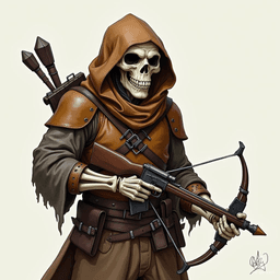 Simon, the skeletal halfling investigator, navigates the shadows with keen intellect and stealthy grace. Clad in worn leather armor and armed with a precise hand crossbow, his insatiable curiosity drives him to uncover the darkest secrets of the realms, even from beyond the grave.