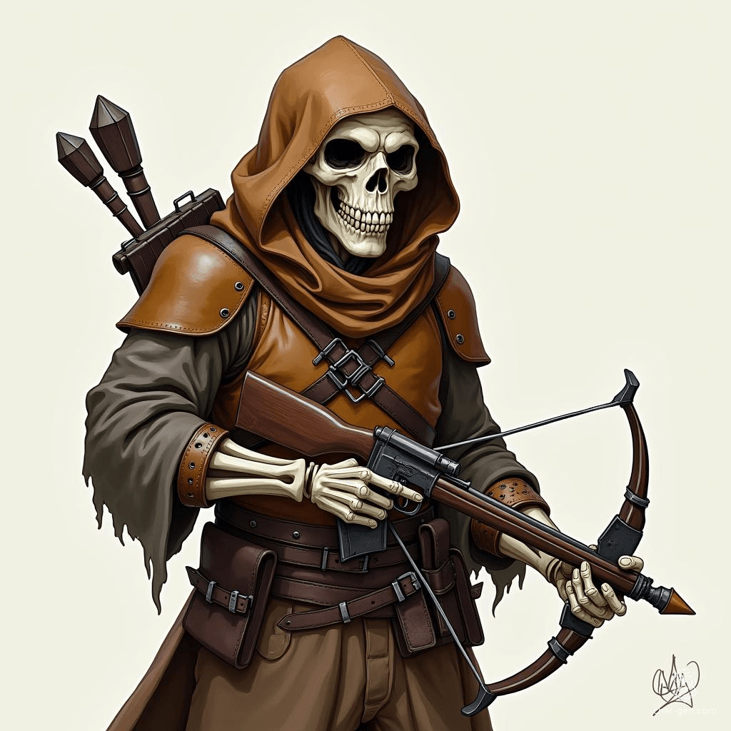 Simon, the skeletal halfling investigator, navigates the shadows with keen intellect and stealthy grace. Clad in worn leather armor and armed with a precise hand crossbow, his insatiable curiosity drives him to uncover the darkest secrets of the realms, even from beyond the grave.