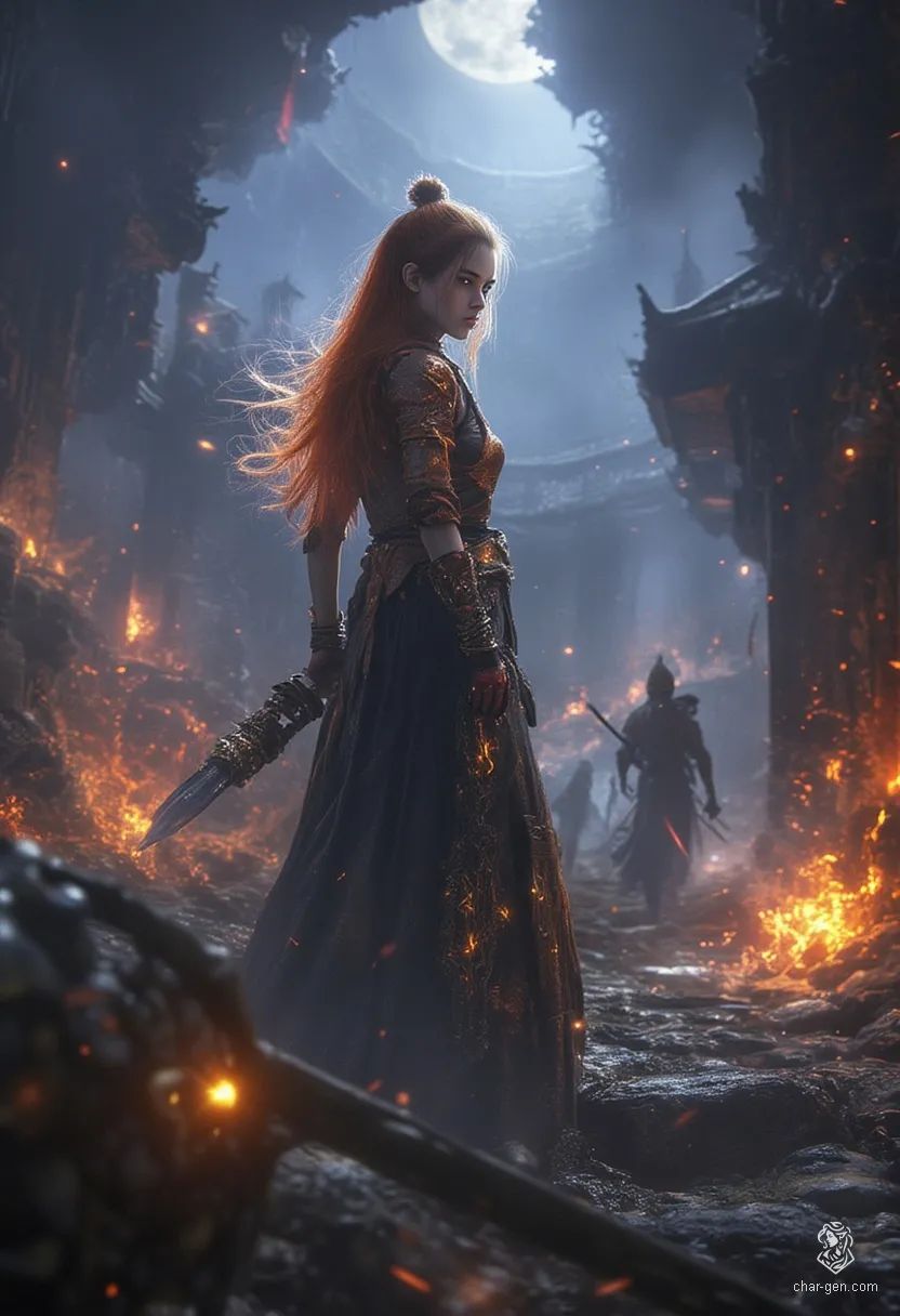 Amelia, a resolute young cleric clad in gleaming copper armor adorned with glowing runes, wields a radiant magical mace. Her flowing light orange hair and serene expression reflect both divine grace and unwavering determination in a richly detailed, mystical fantasy world.