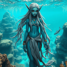Oceanic is a vividly blue-skinned, female sea elf druid, adorned with webbed fingers, toes, and finned ears. With gills on her neck and large, slanted, dark fish eyes, she communes with nature and animal companions. She dons shark skin attire, with her radiant skin marked by deep, irregular stripes.