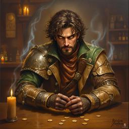 Korin Mayfaire, a 30-year-old rogue sorcerer, moves with unmatched agility, clad in intricately crafted leather armor adorned with arcane sigils. His piercing hazelnut gaze and well-groomed beard highlight his determination to protect the vulnerable, wielding a rapier with deft precision as he navigates the shadows.