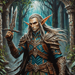 HenryKartoffelsalat's character is a charismatic High Elf warlock adorned with glowing arcane sigils. They wield a dagger confidently, displayed prominently in an intricately detailed leather armor. With a medium build and an aura of powerful magic, this sage captivates effortlessly.
