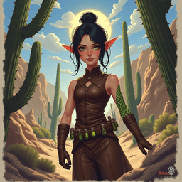 Izzy, a newly emancipated halfling assassin, is a perky yet lethal crossbow specialist. With snake-like yellow-green eyes and green scale tattoos, she embodies danger. Dressed in a tight brown tunic, she lurks in shadows, exuding competence and malice as she waits for her next target.